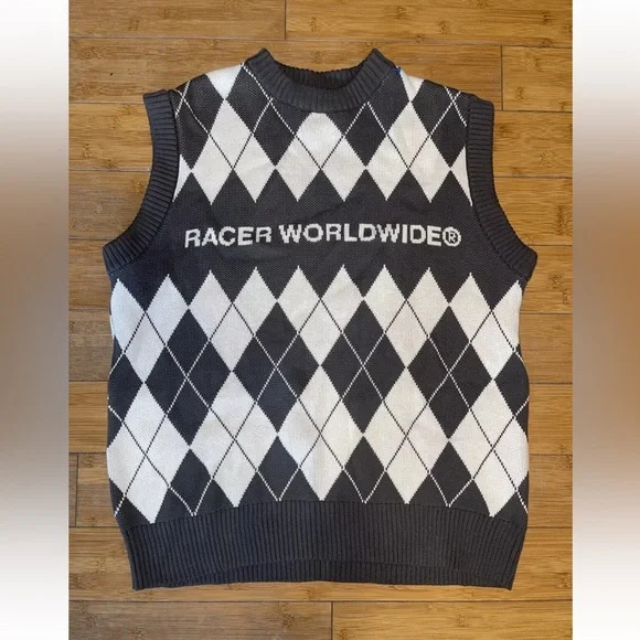 Racer Worldwide Knit Grey/White Argyle Sleeveless Sweater Mens Size Medium - Picture 1 of 6